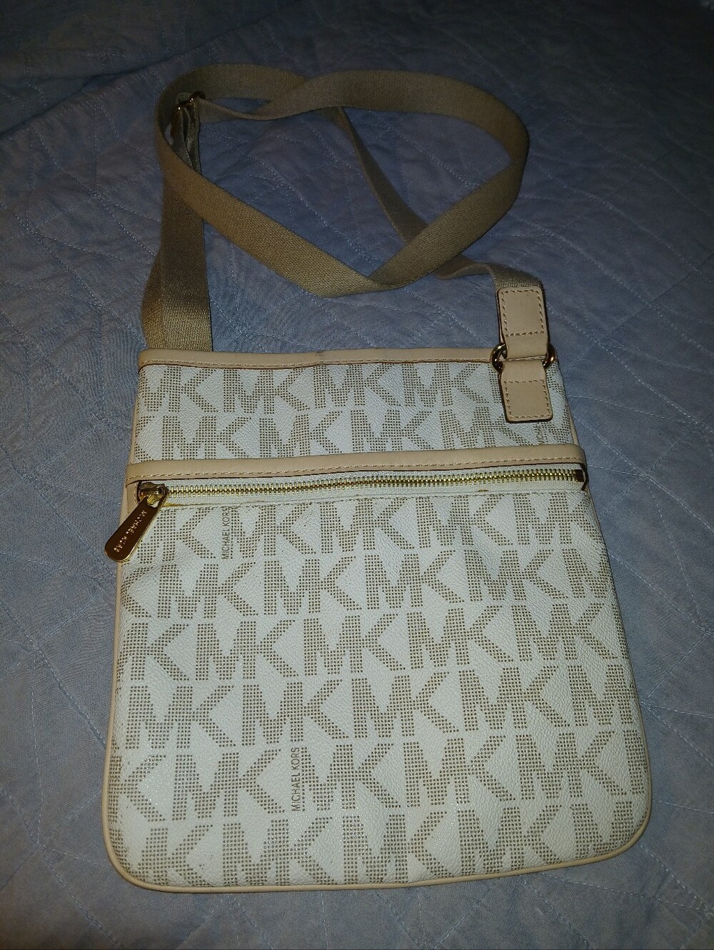 Michael Kors Beige and White MK Logo Crossbody Bag